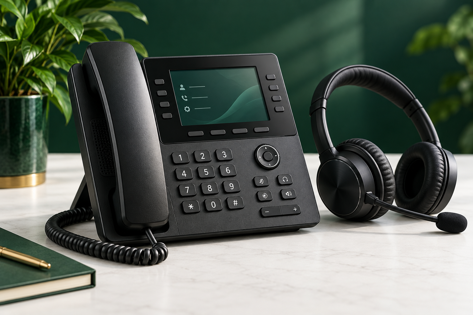 Illustrative desk phone and headset setup