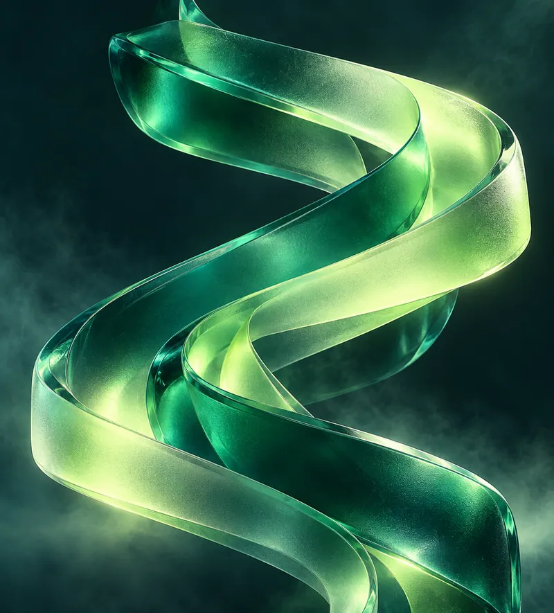 Sculptural emerald glass ribbons flowing together